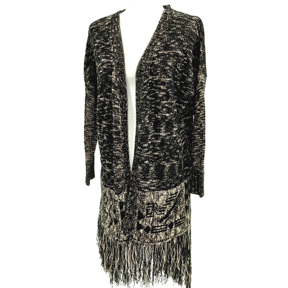 Nostalgia Fringed Cardigan Sz M Black Cream Knit Southwestern Panel High Low